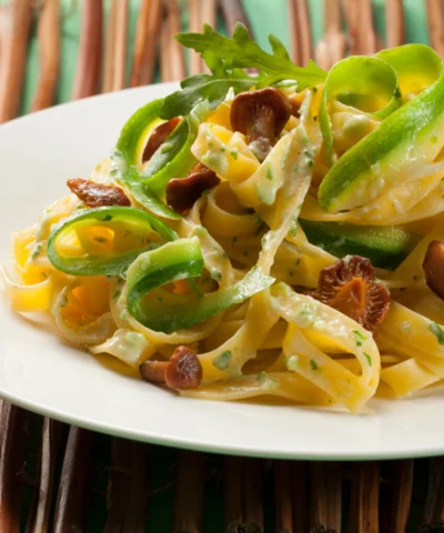 Tagliatelle con crema di zucchine e finferli